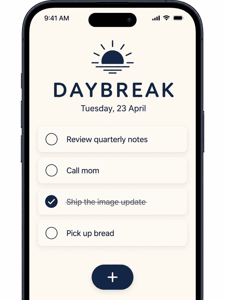 Muse Image sample — minimalist mobile app screenshot for a to-do app called DAYBREAK.